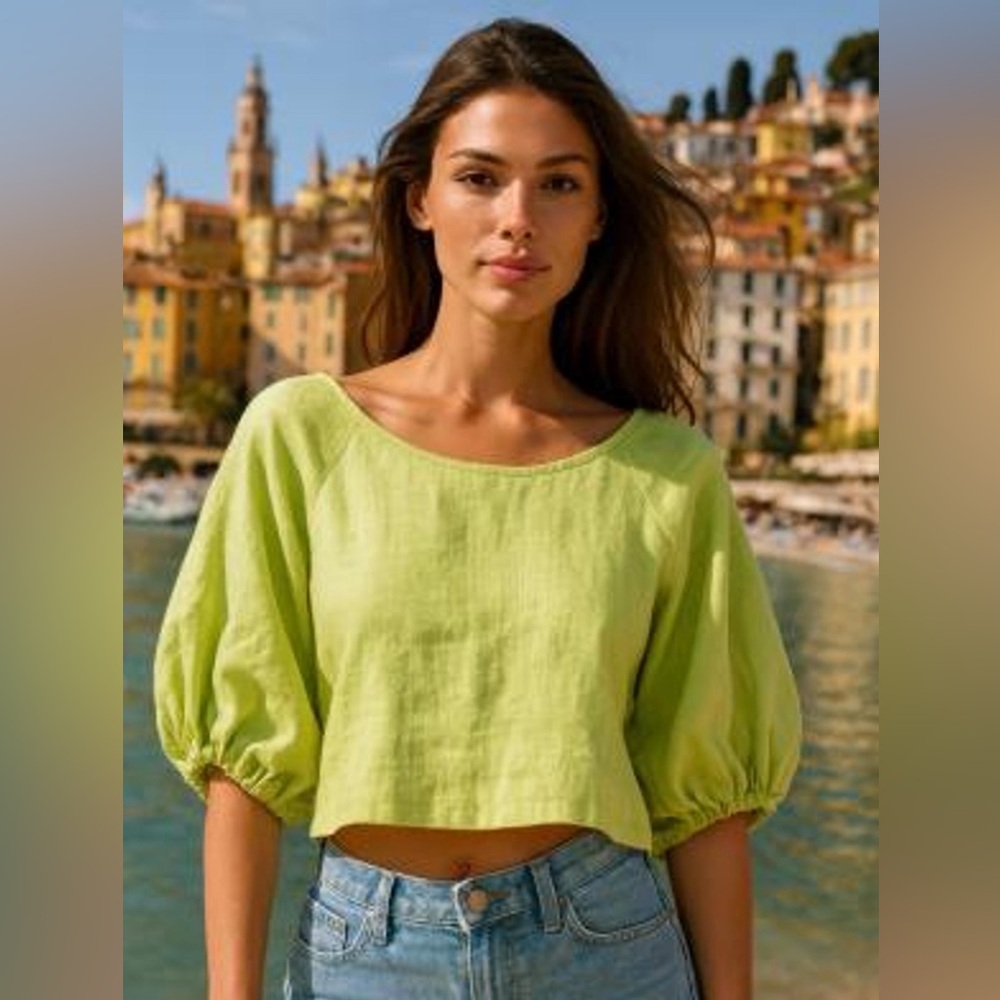 Women’s Lime Green Puff-Sleeve Crop Top